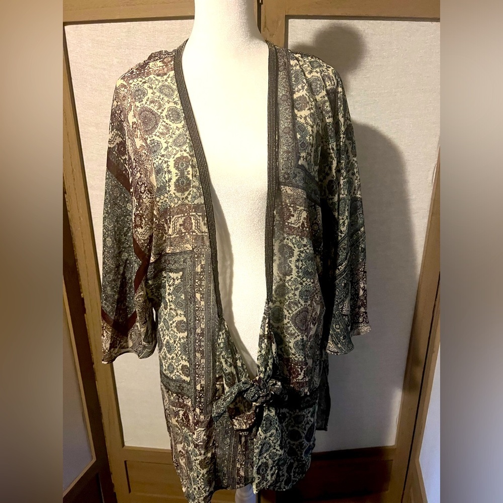 Zara Basics WINE/ TAN Boho Kimono / Cardigan